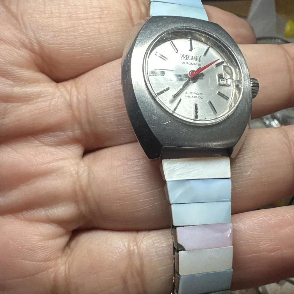 Works VTG Precimax Automatic Swiss 21J Ladies Watch Fancy Blue Stretch Band 26mm